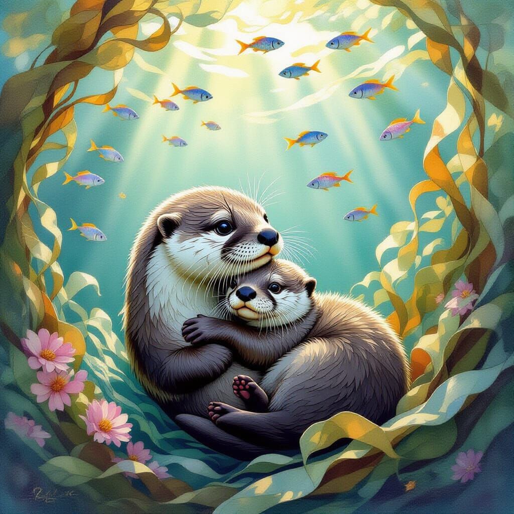 Otters in Kelp Forest: An Art Nouveau Scene
