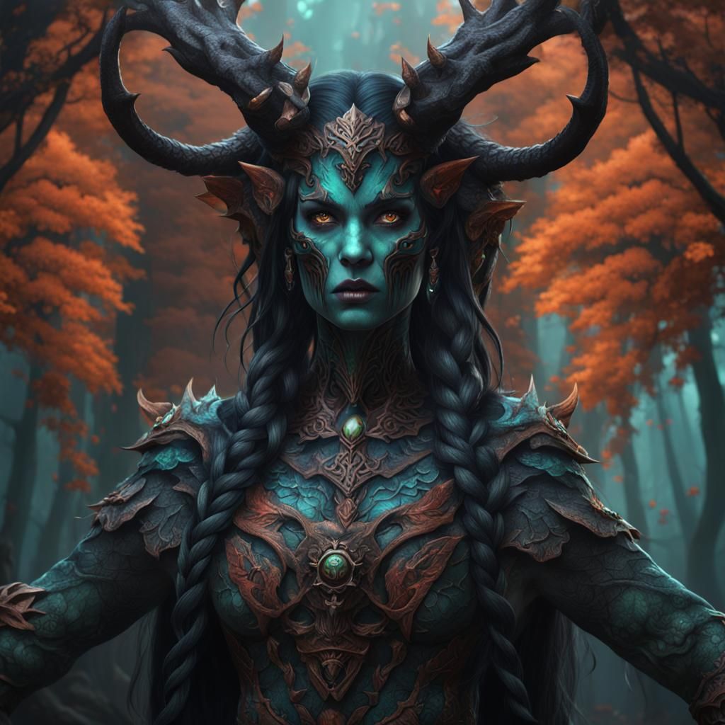 Forest Demon with Sleeve Tattoos: Detailed Matte Painting