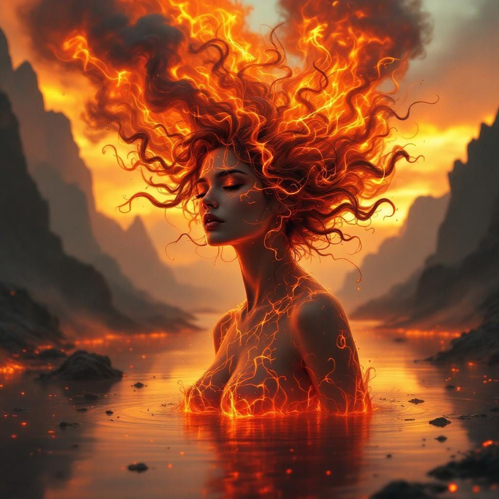 Woman with Flaming Hair in Surreal Landscape