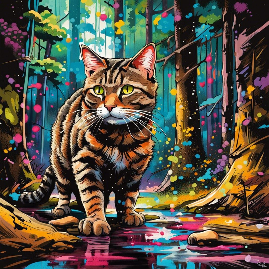 Tabby Cat Hunts in Woods: Japanese Graffiti Art