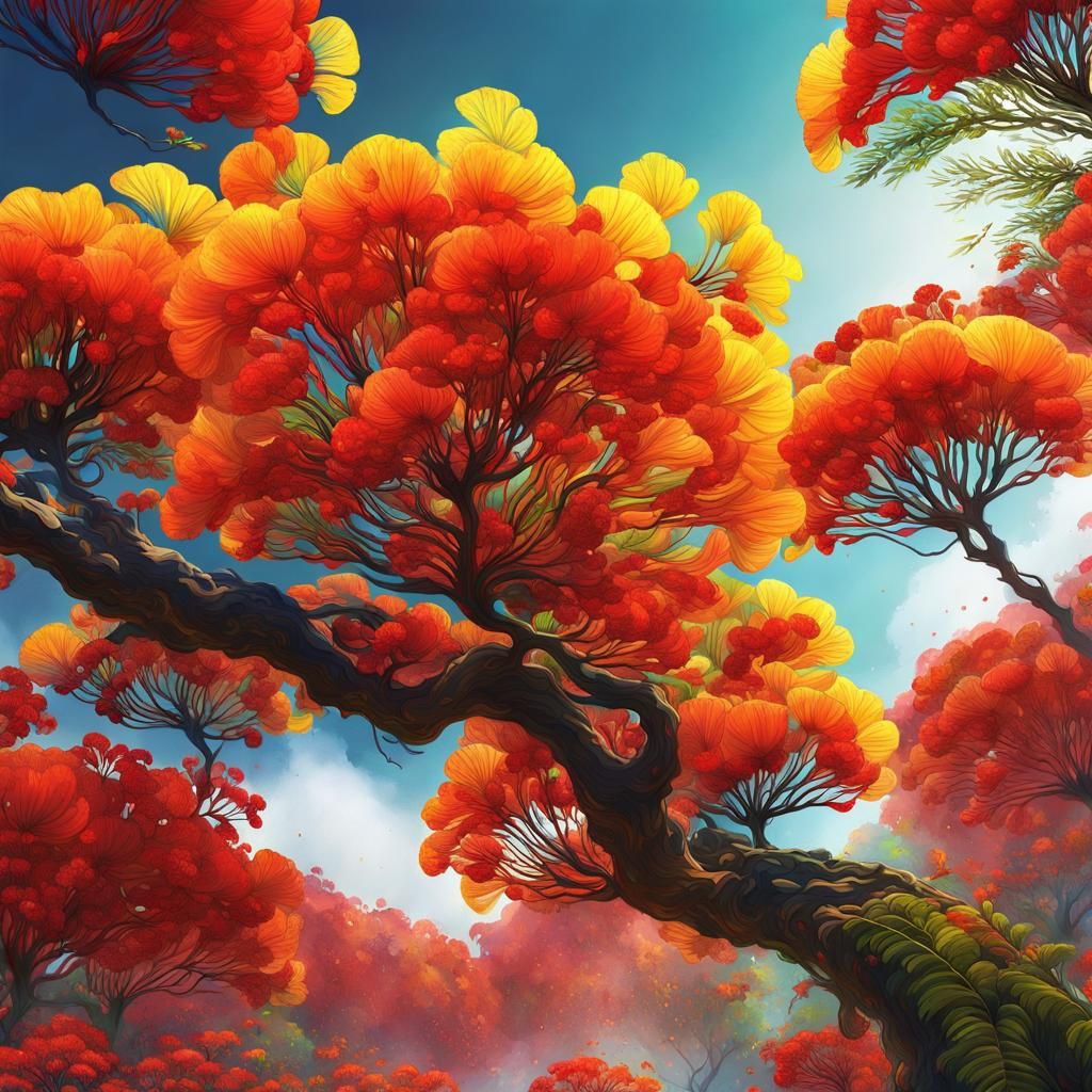 Ink Splatter Royal Poinciana Flower Branch