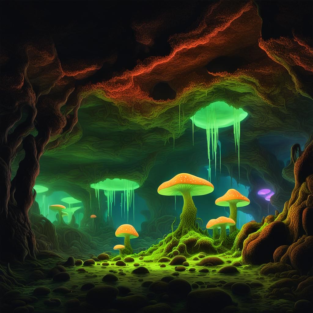 Bioluminescent Cave in Roger Dean Style Digital Art