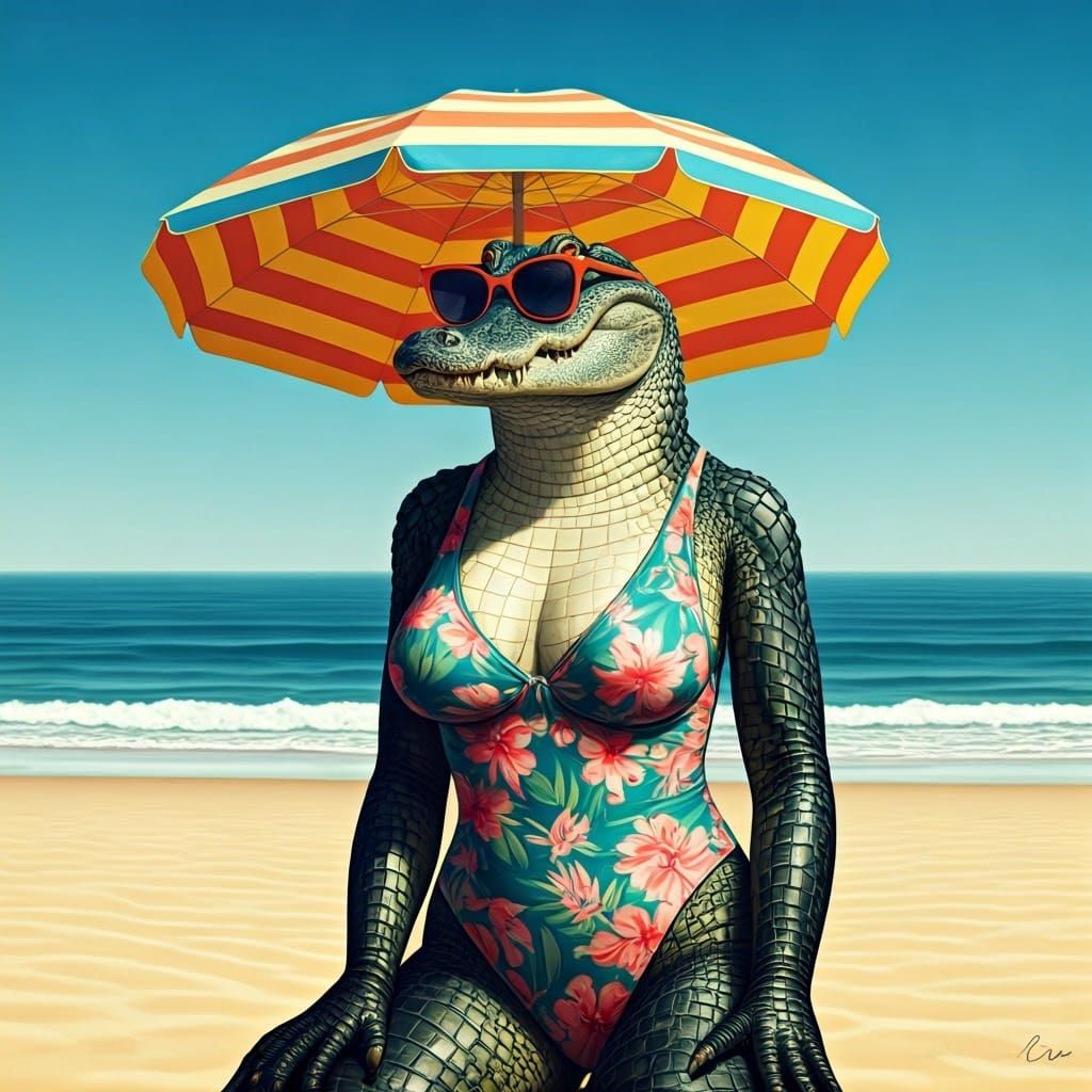 Alligator Girl on Sunny Beach, Photorealistic Digital Art