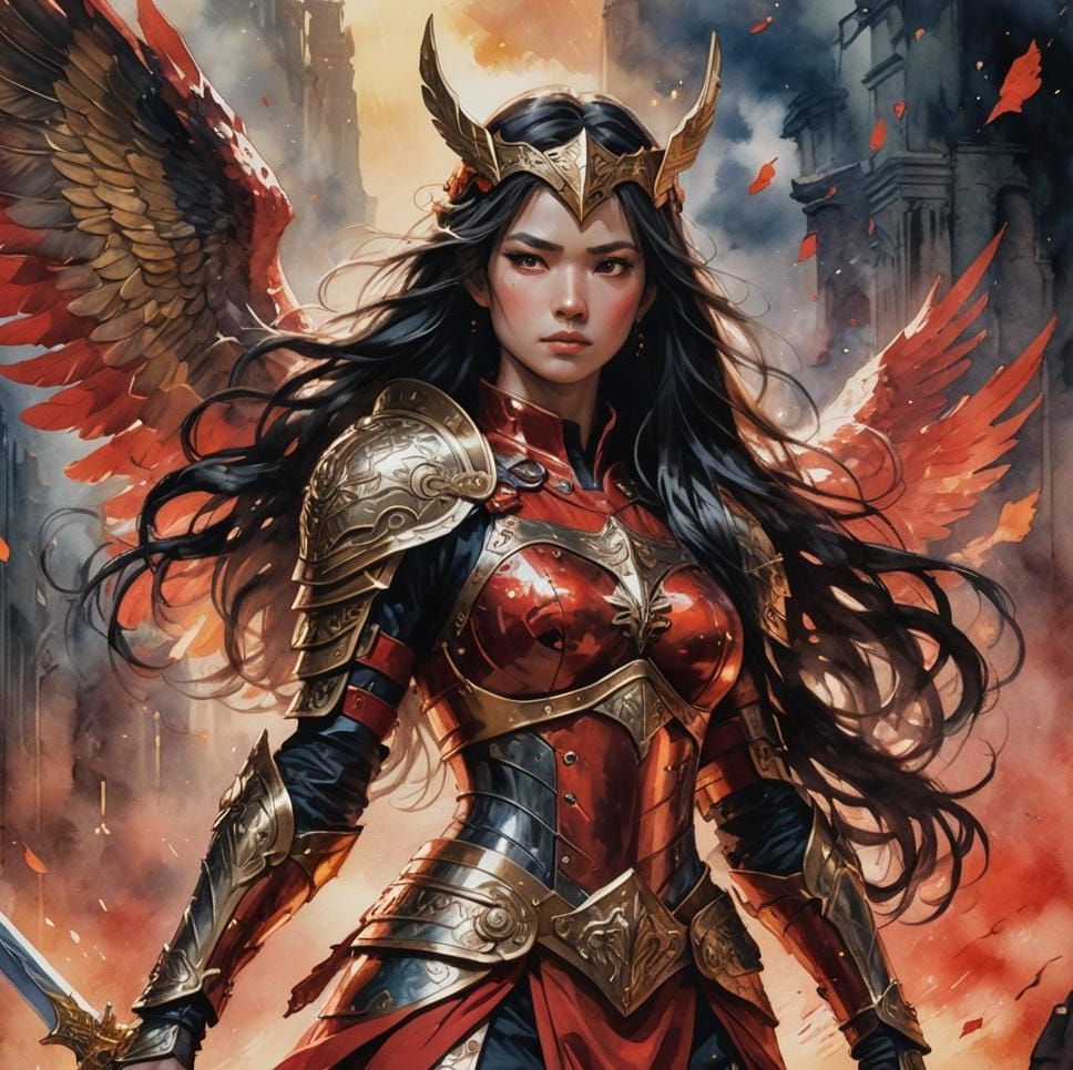 Valkyrie in Red: Anime-Inspired Watercolor Art