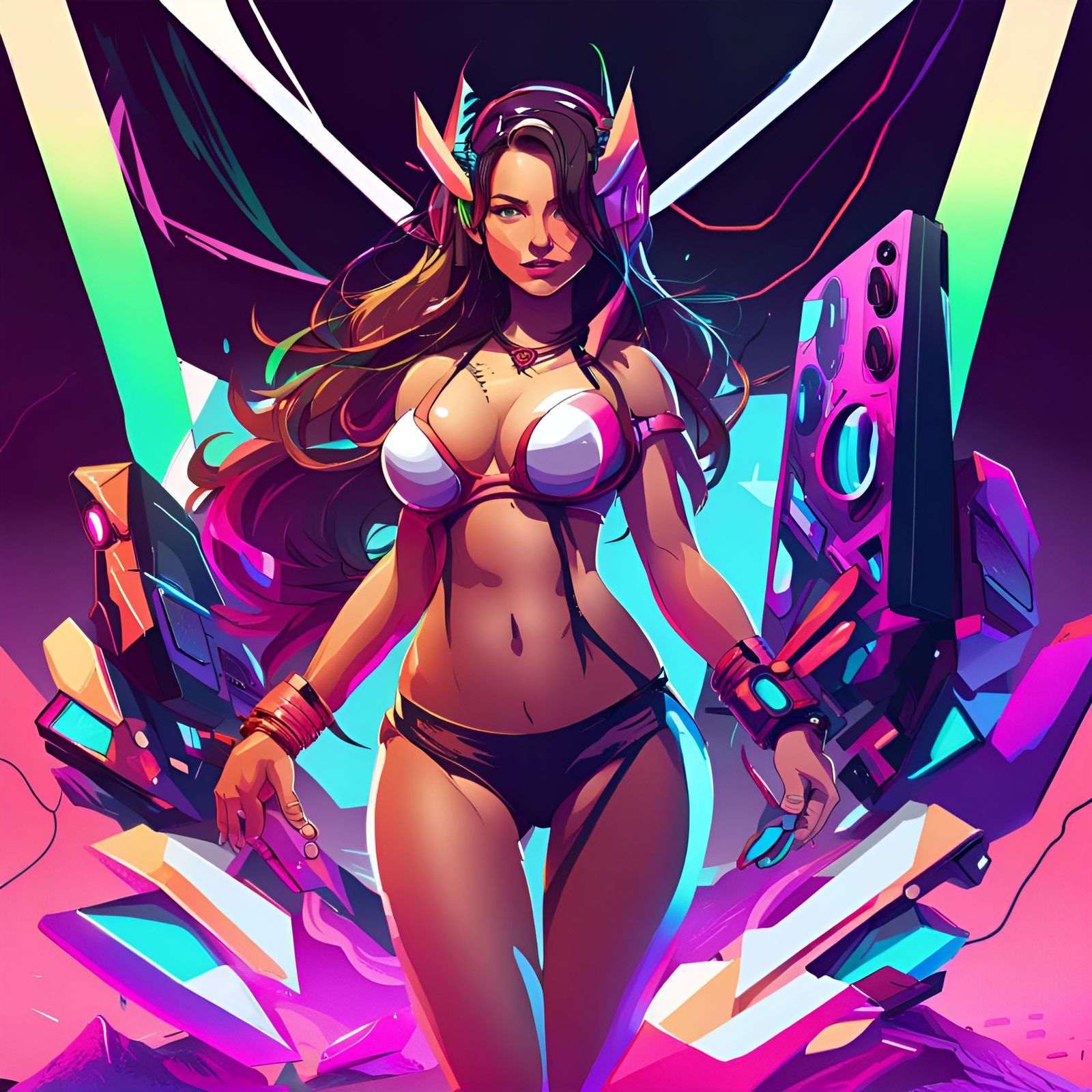 Woman Gaming with RGB Setup in Abstract Art Style