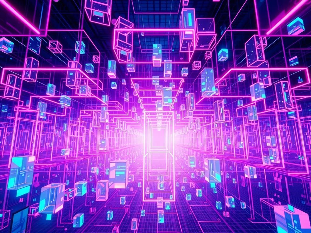 Ethereal Labyrinth of Neon Cubes and Tesseracts