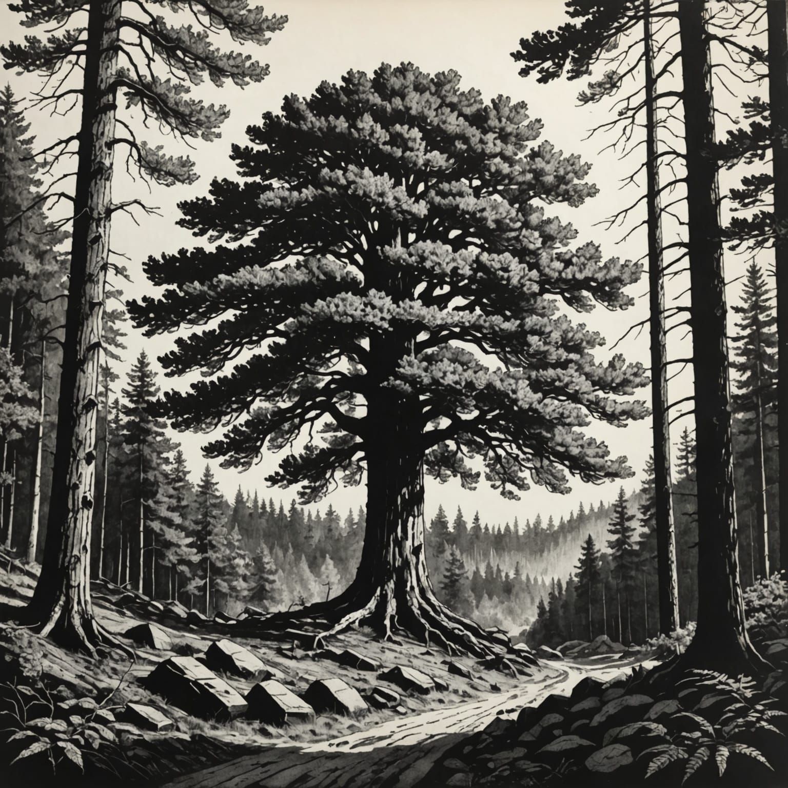 Tree in the Forest Ink Drawing