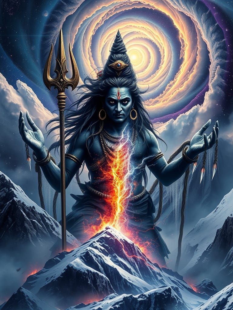 Himalayan God Shiva Defies Stormy Chaos in Cosmic Struggle