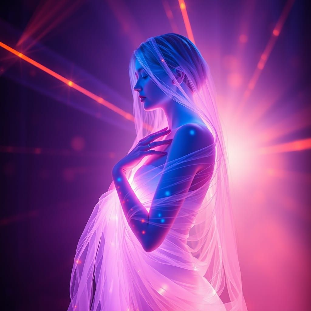 Iridescent Bioluminescence: Albino Woman in Laser Light