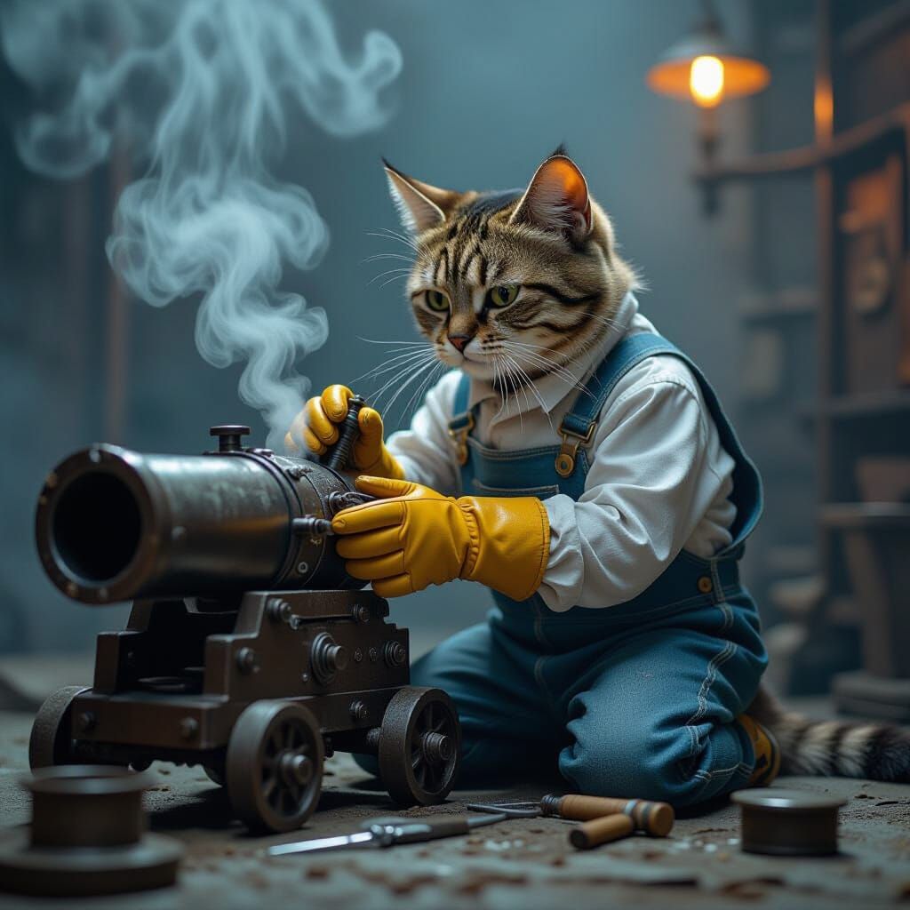 Cat Mechanic Maintains Cannon in Workshop Realism