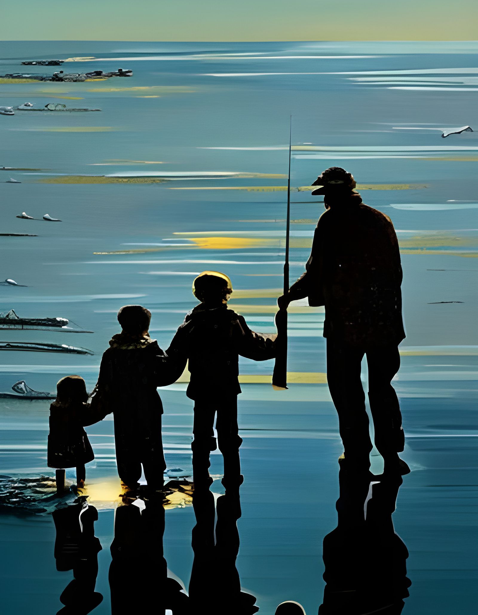 Pixel Moon Over Fishermen: An Oil Canvas Masterpiece