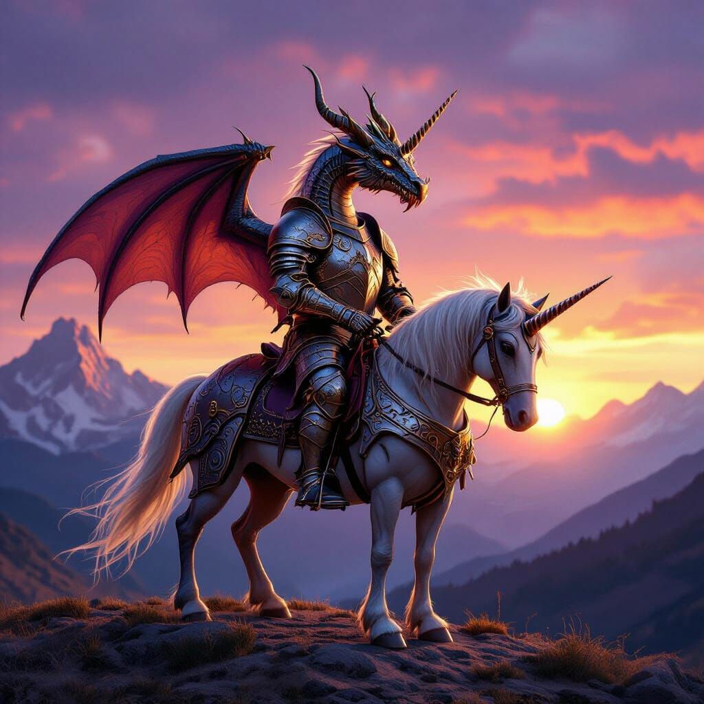 Dragon in Medieval Armor Rides Unicorn at Sunset