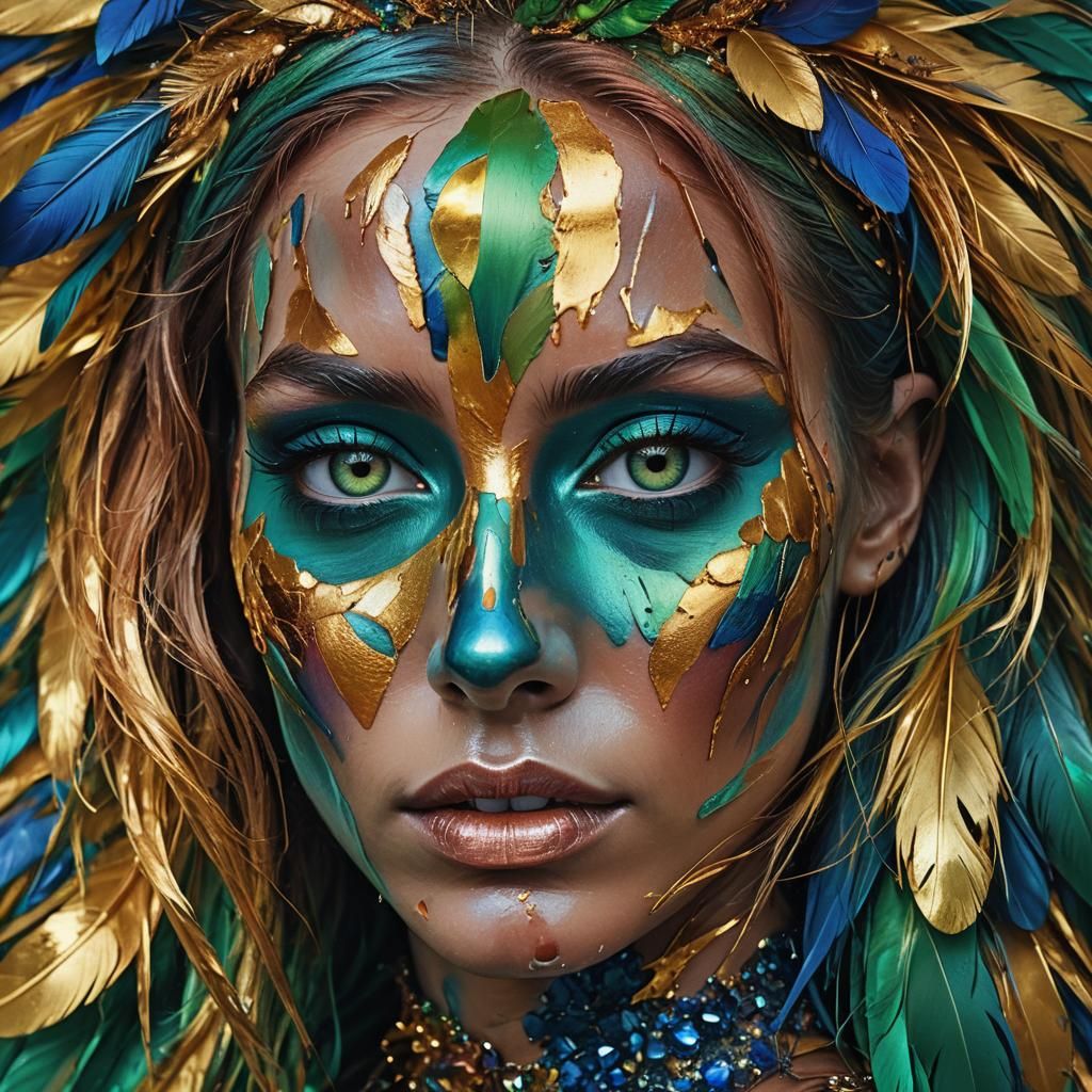 Surreal Woman with Metallic Skin and Colorful Feathers