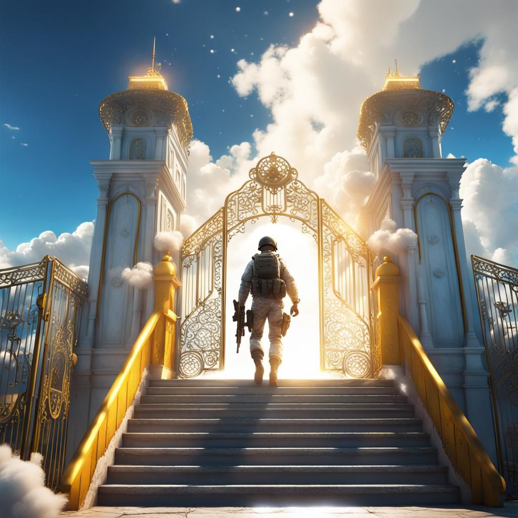 Soldier's Ascent: Pearly Gates in Matte Painting Style