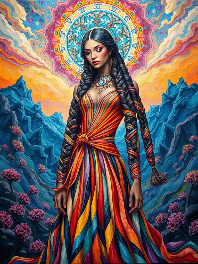 Goddess in Surreal Landscape, Textured Oil Painting