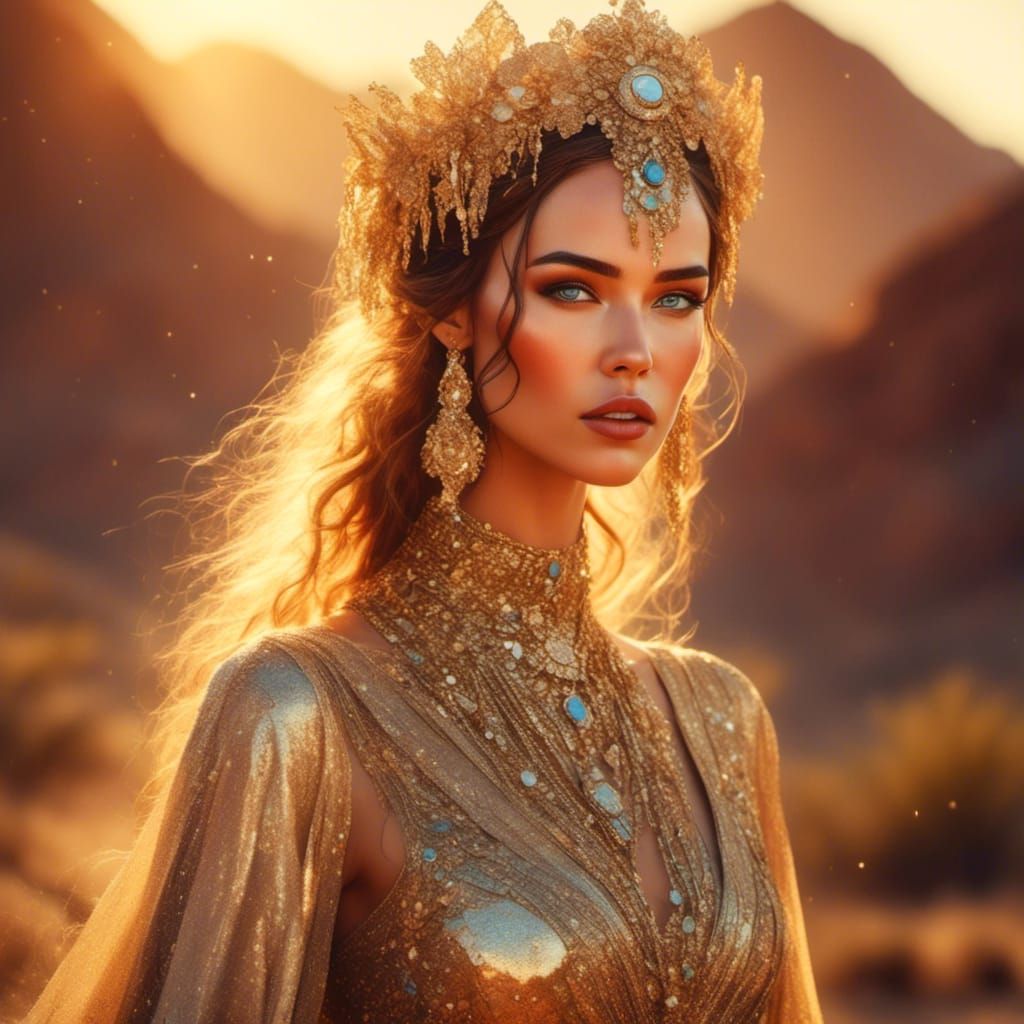 Glamorous Desert Princess Portrait in Golden Hour Light