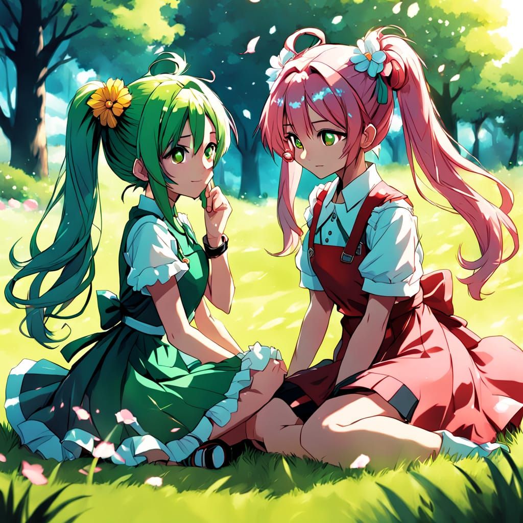 Anime-Inspired Garden Scene with Twin Girls