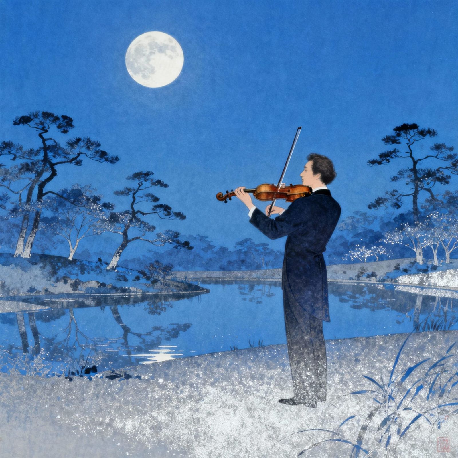 Violin Music in Moonlit Japanese Landscape