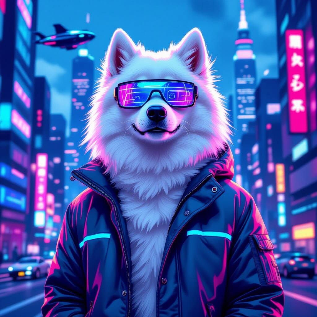 Anime Samoyed Dog in Futuristic Cityscape