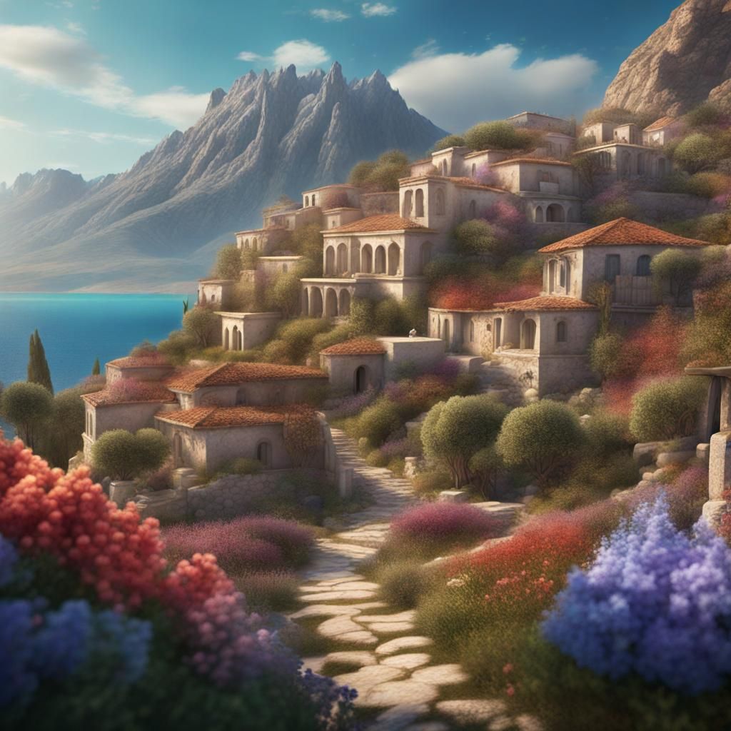 Idyllic Ancient Greek Village with Mountain Backdrop