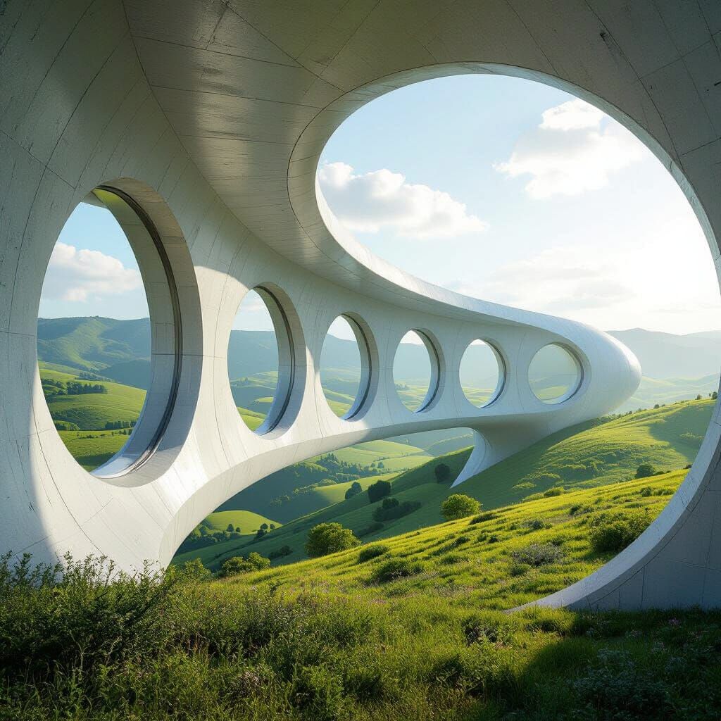 Futuristic Tunnel Architecture in Lush Green Landscape
