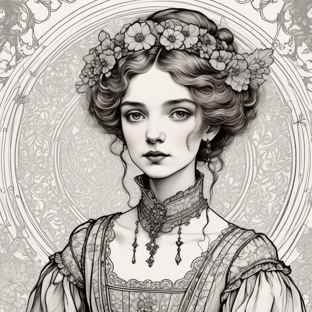 Victorian Lady Illustration in Arthur Rackham Style