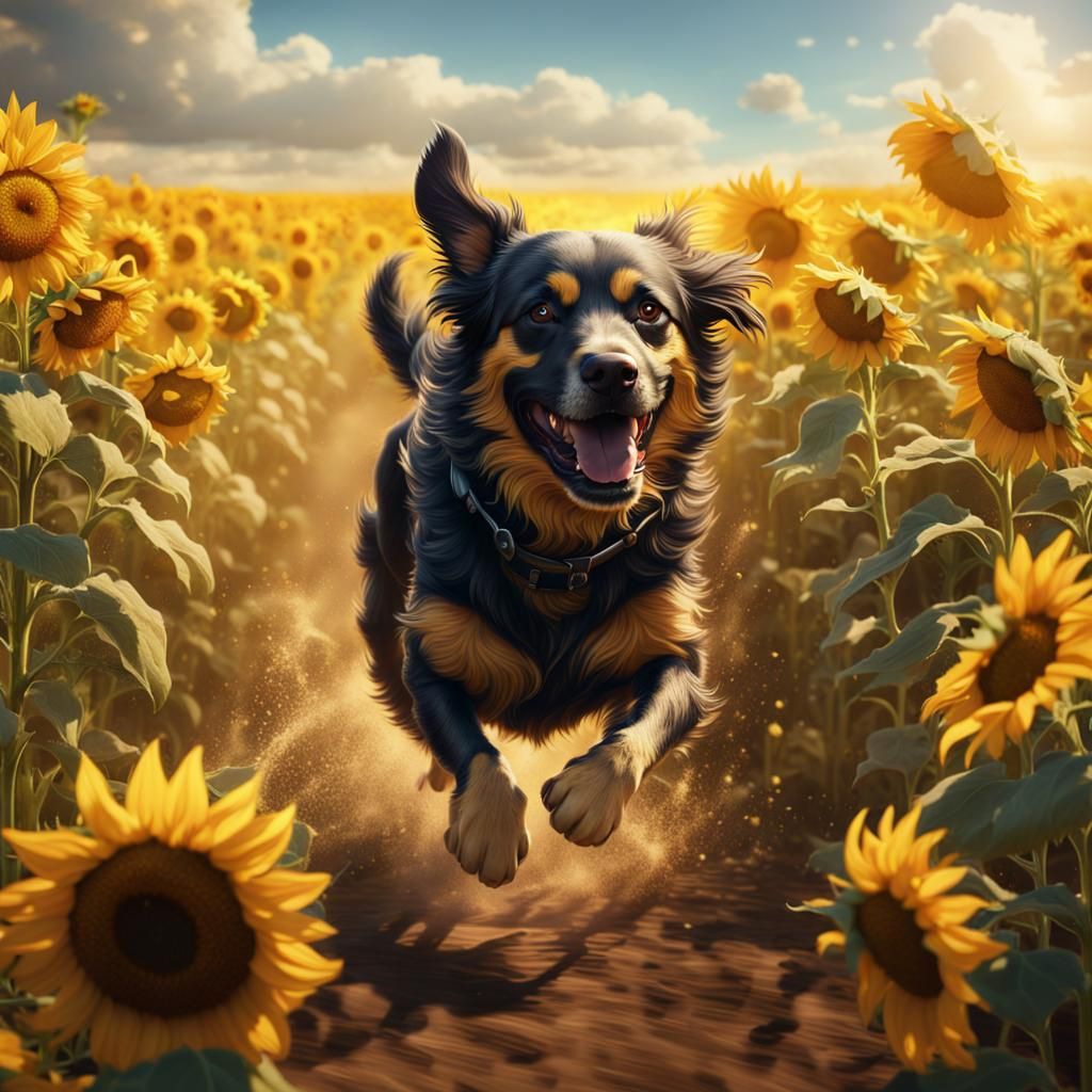 Dog Running in Sunflower Field: Fantasy Concept Art