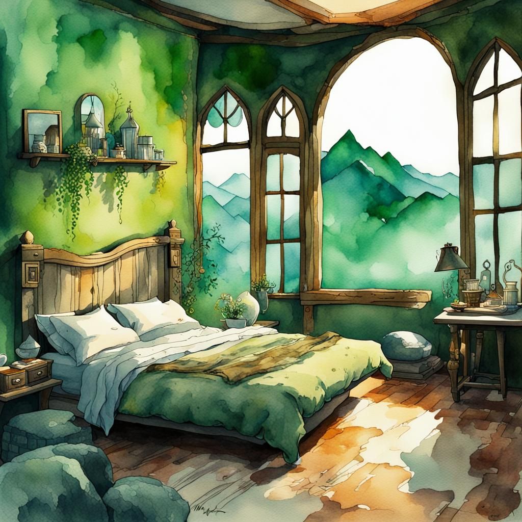 Dream Bedroom with Mountain View, Watercolor Painting