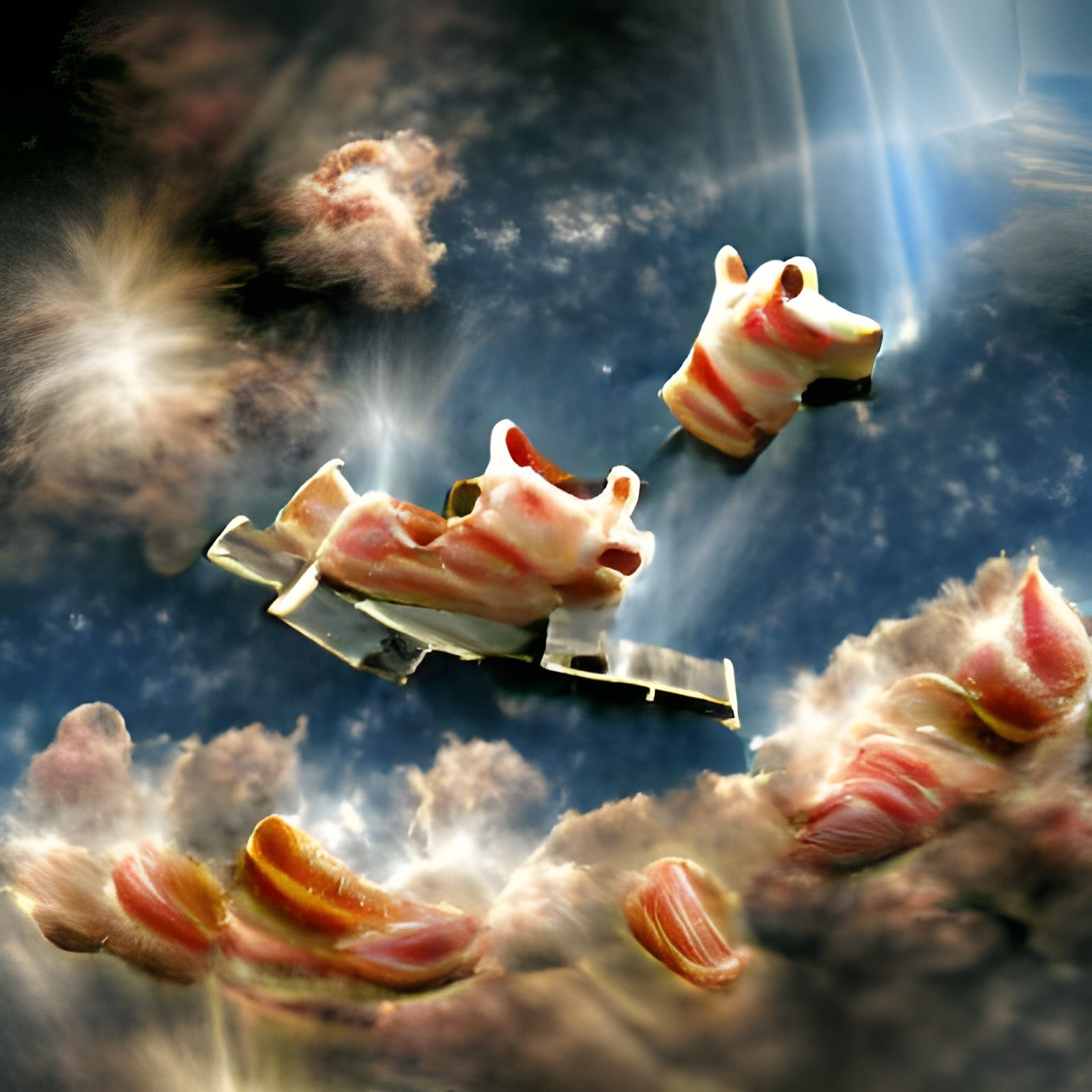 Bacon Starship Orbiting Bacon World with Pigs Flying