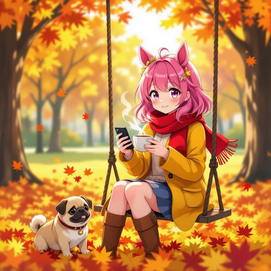 Anime Girl with Horse Ears on Swing in Autumn Park