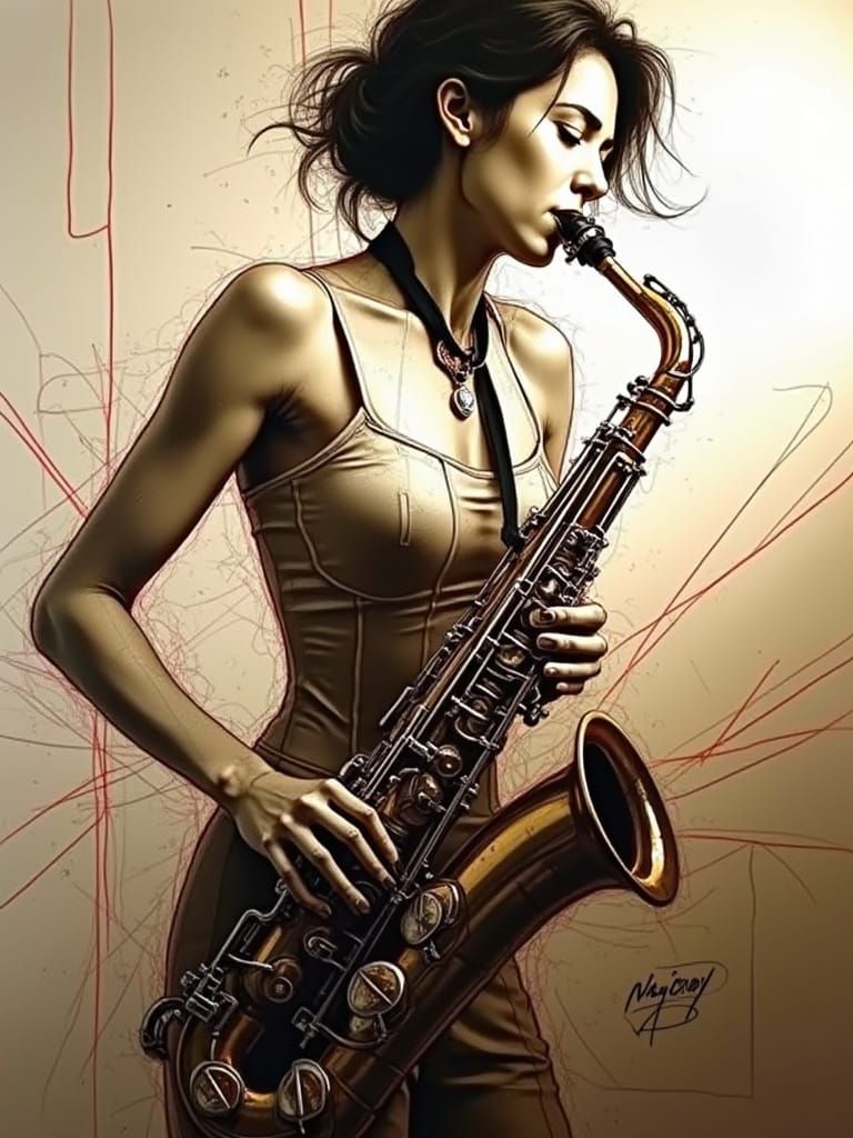 Woman Playing Saxophone in Intricate Pencil Sketch