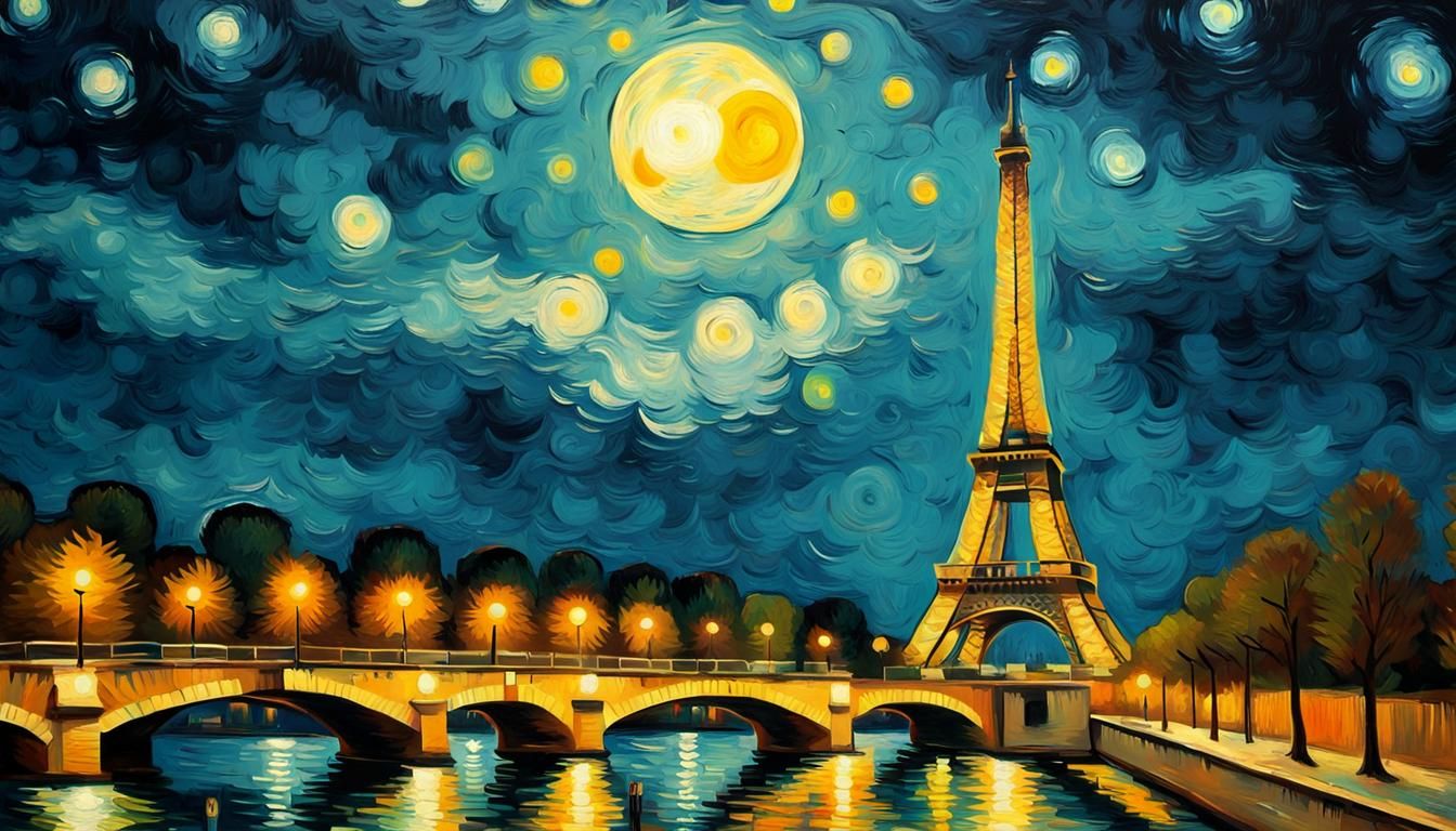 Eiffel Tower in Moonlight, Van Gogh Style