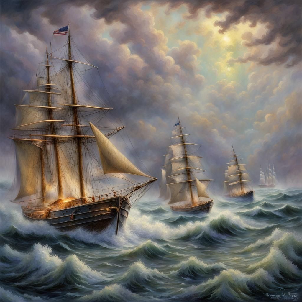 Boats on Stormy Seas in Ethereal Fantasy Style