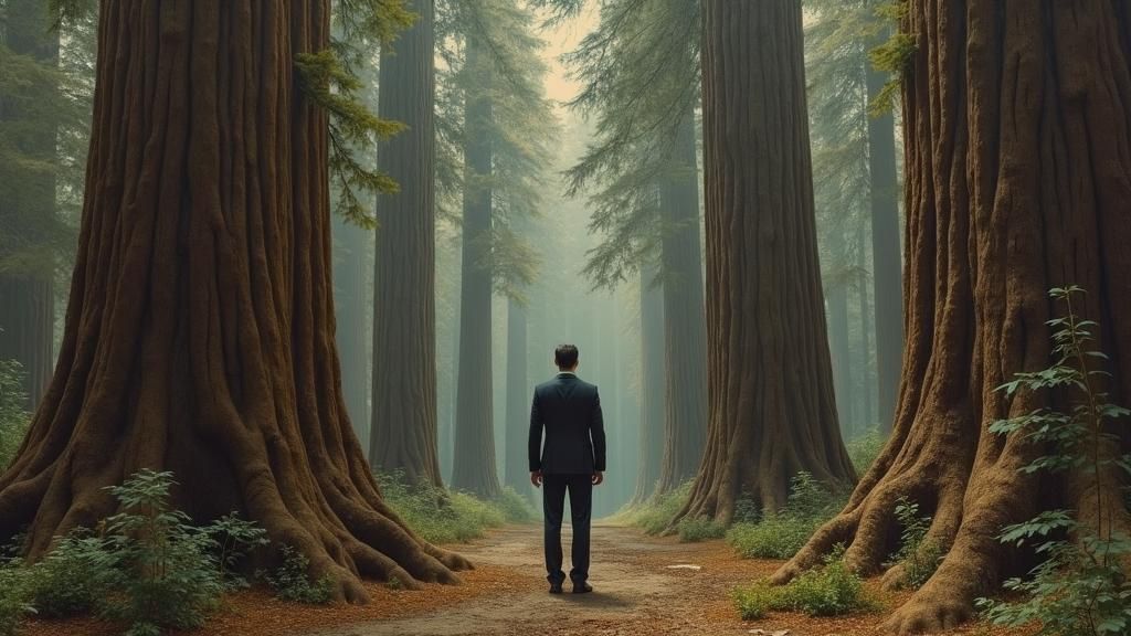 Sequoia Forest: Businessman Gazing Upward as Oil Painting