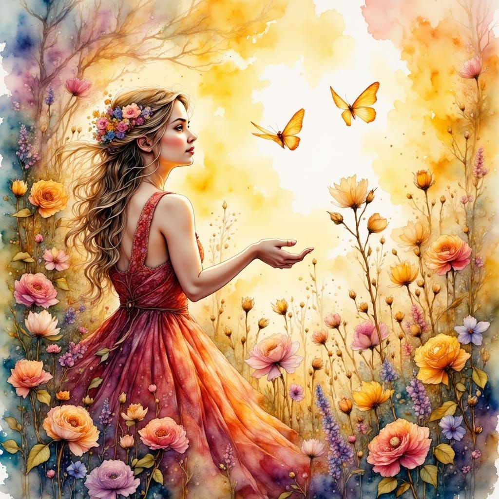 <lora:MrsH Watercolor:1.0> She wore a long red dress, fell into a bed of yellow pink purple and white rose flower heads....