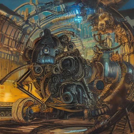 Steampunk Hybrid Creature in Industrial Cityscape