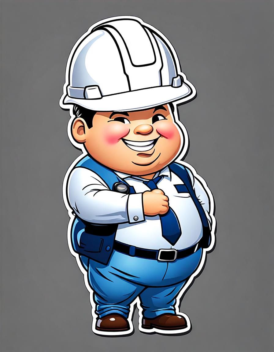“Chibi avatar cartoon image of a happy fat guy with white hard hat” 2d cartoon, chibi, high resolution, 8k, white backgr...