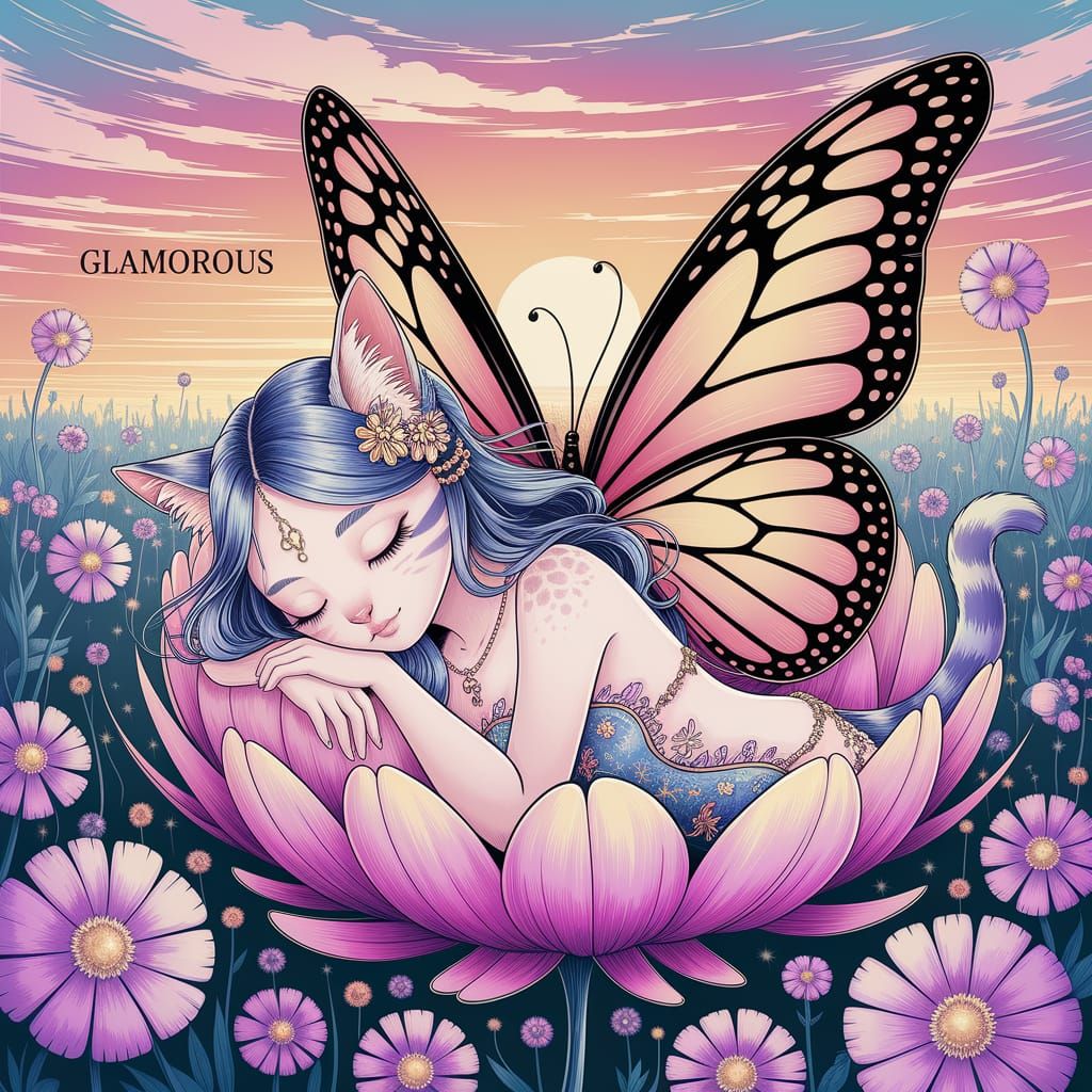 Whimsical Cat Girl Fairy in Vibrant Sunset Scene