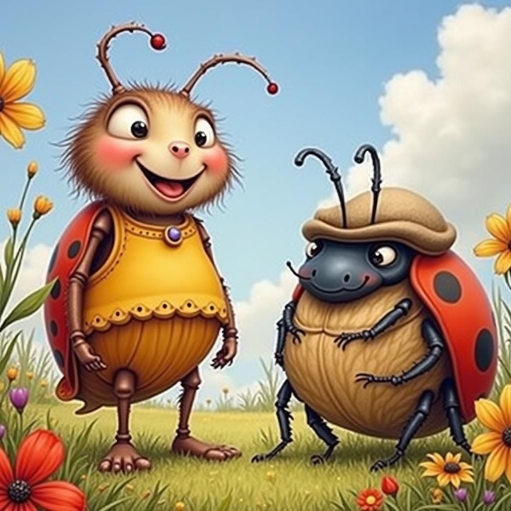 Anthropomorphic Ladybug and Beetle in Wildflower Field