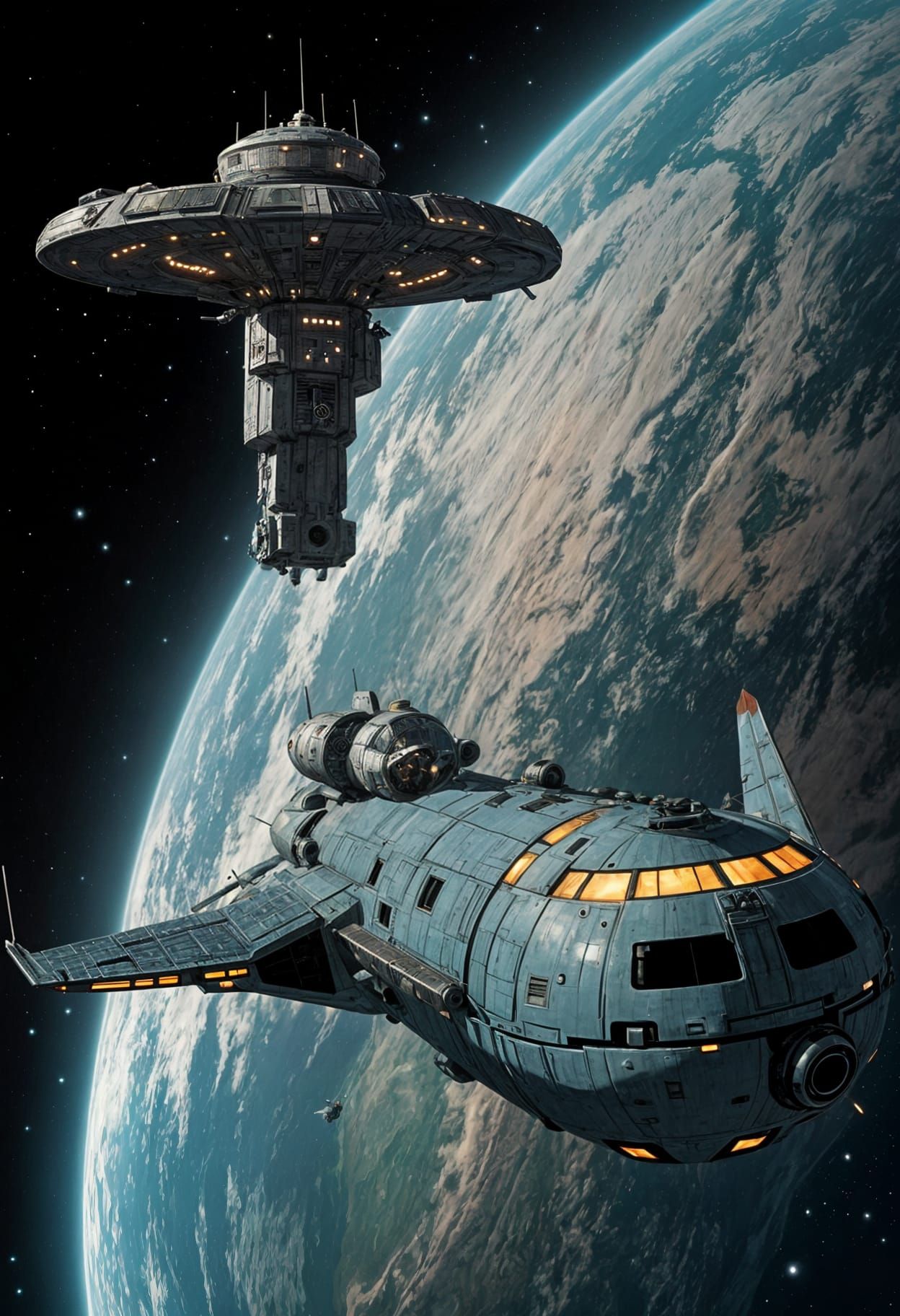 comic book-style art - A shuttle leaving the space station, heading back to the planet.