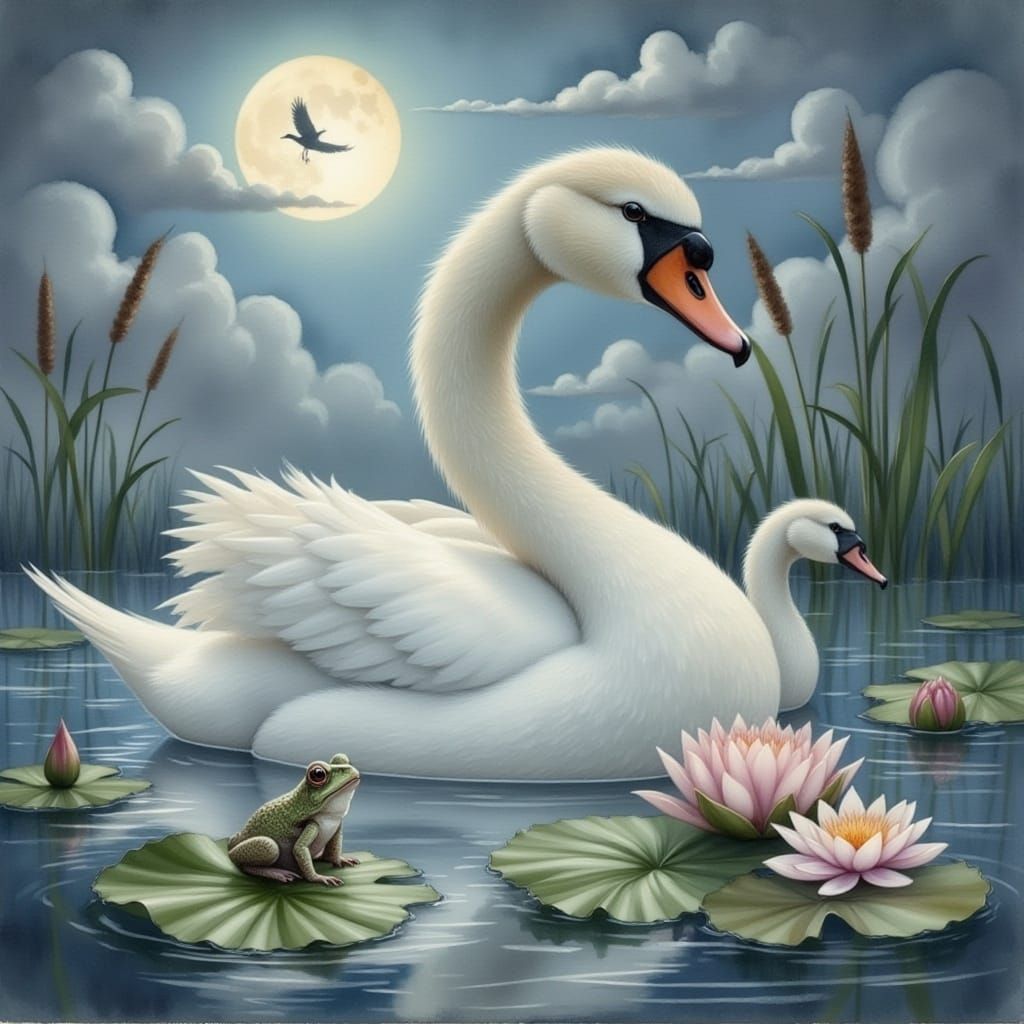 Swan and Cygnets in Watercolor Style