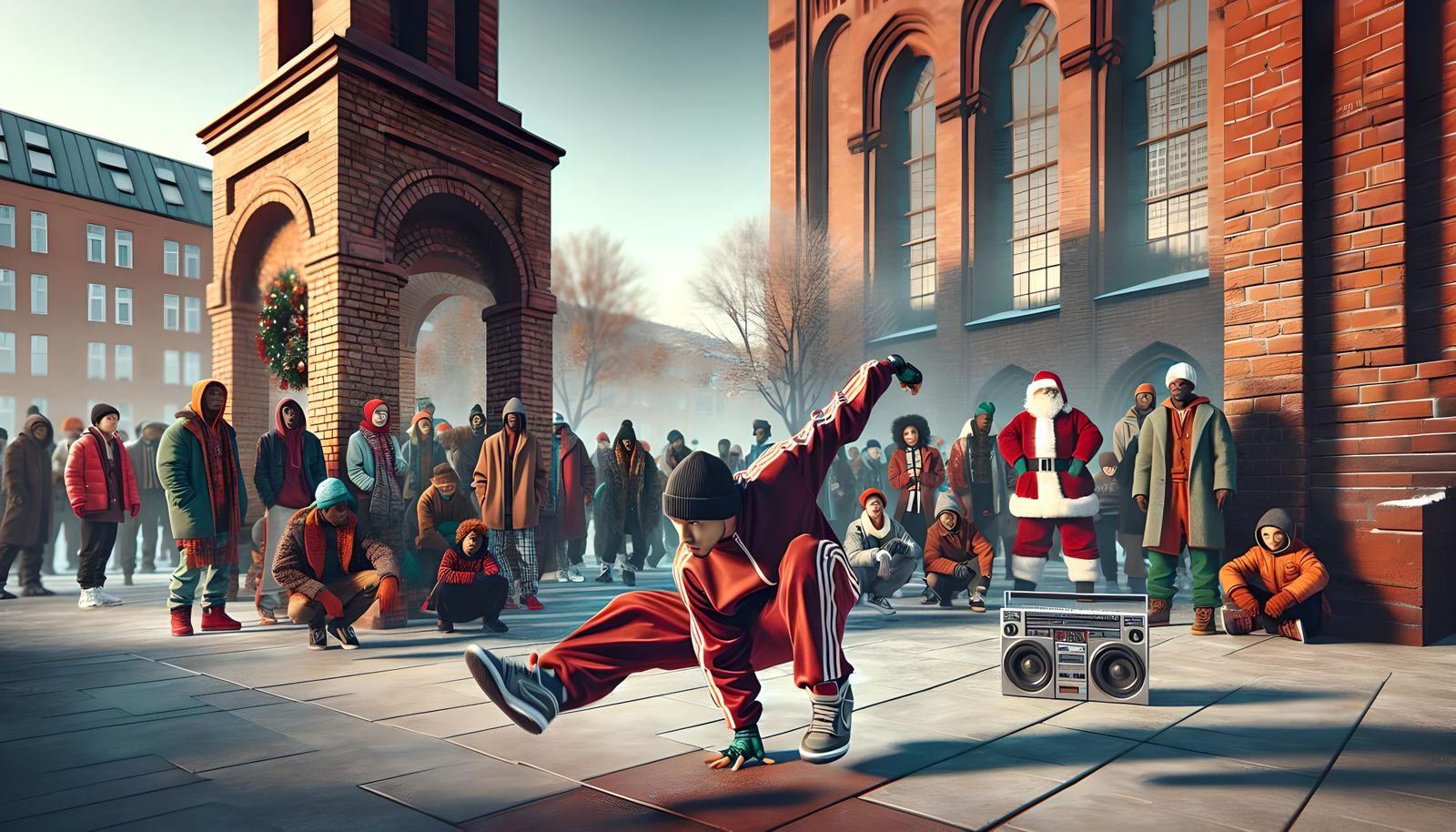Dynamic Street Dance Scene with Breakdancer and Santa