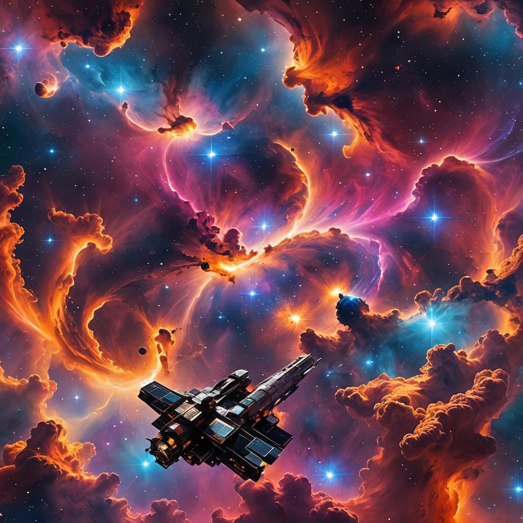 Colorful Nebula Seen from Futuristic Space Station