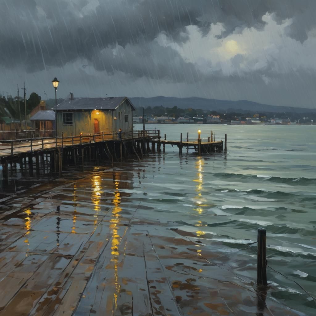 Rain on Old Wharf: Gouache Impressionist Painting