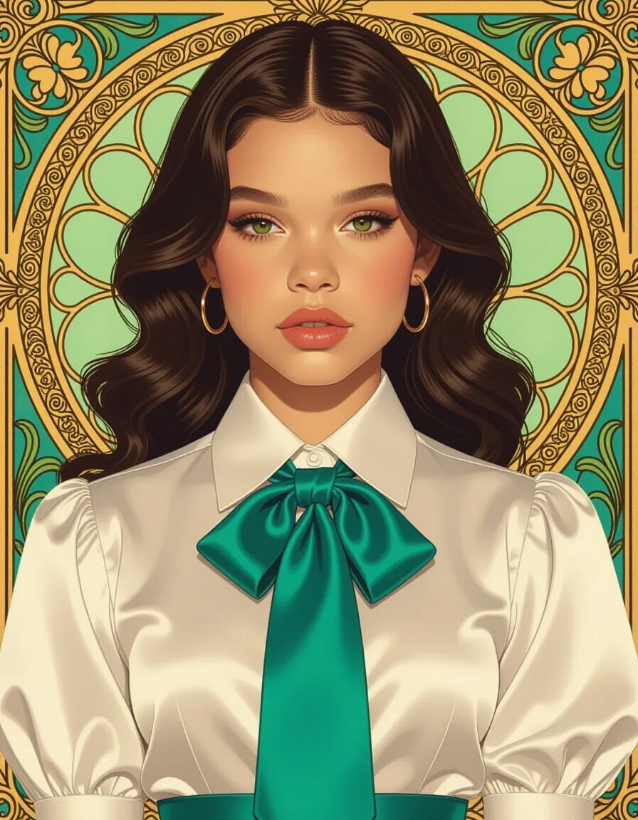Satin and Teal: Hyperrealistic Art Nouveau Portrait