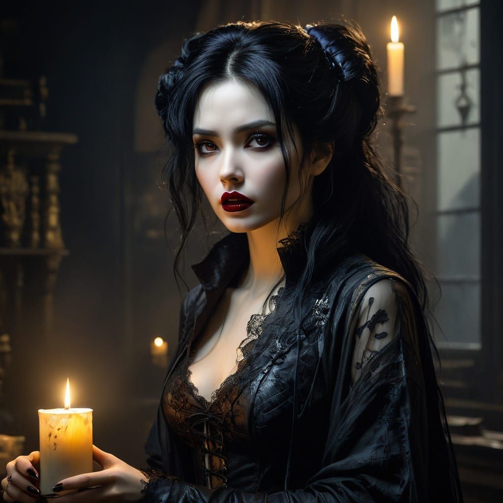 Goth Woman Illuminated by Fiery Candlelight