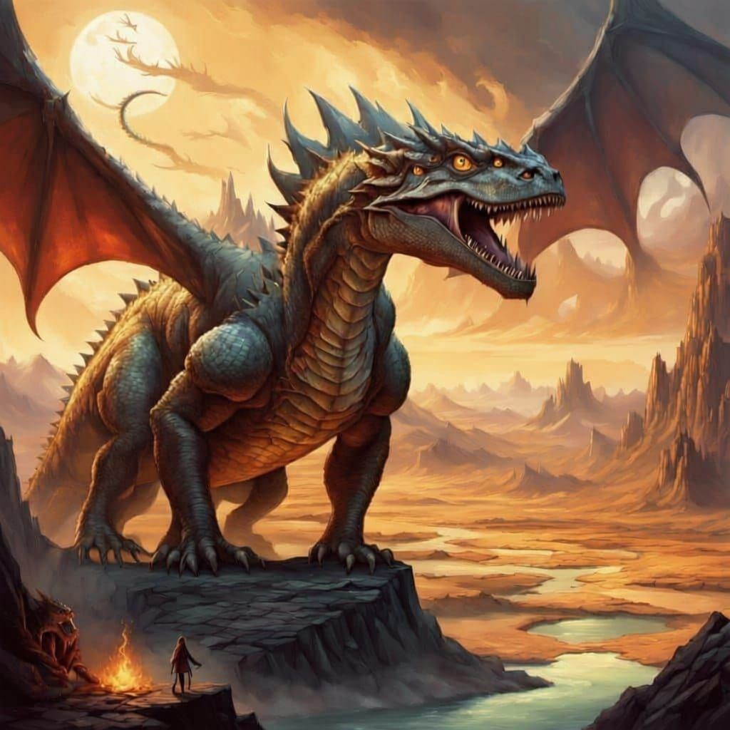 Mother Dragon Guards Dinosaur Eggs in Vast Desert
