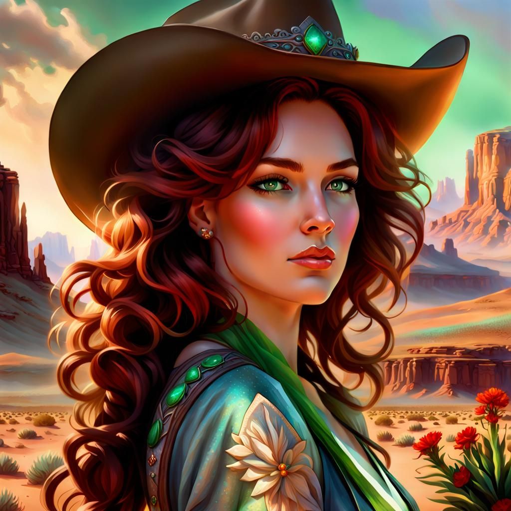 Young lovely CowGirl with Red Brown Wavy hair