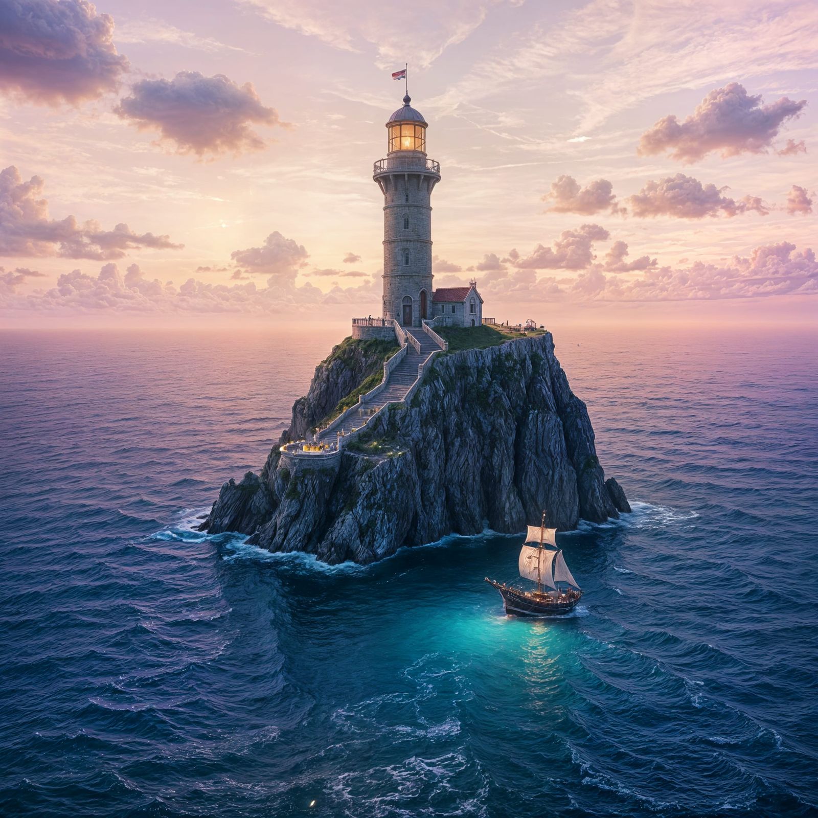 Fantasy Lighthouse on Floating Cliff Over Open Sea