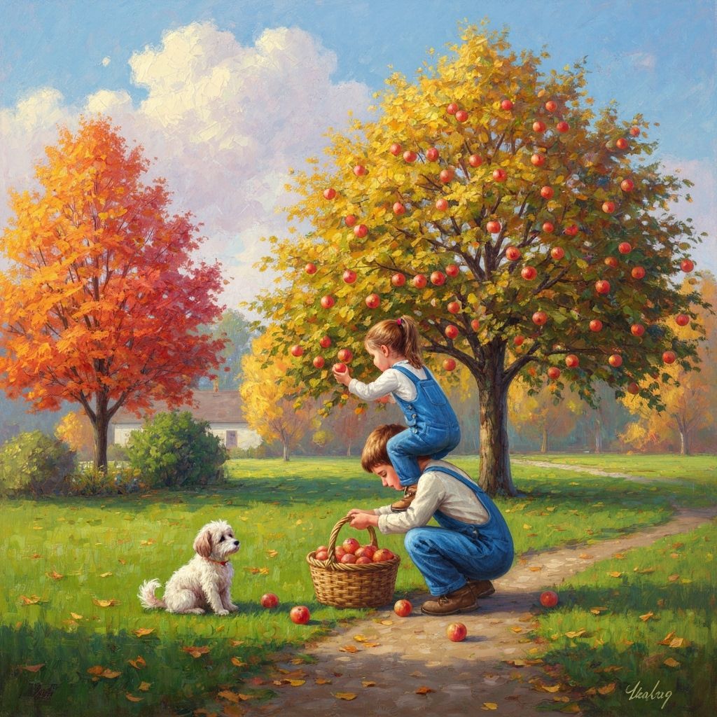 Children Picking Apples in Fall, Neo-Impressionist Style